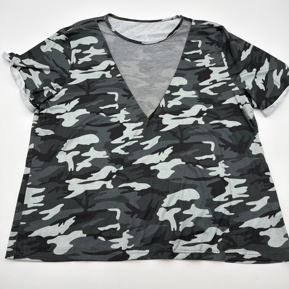 Women's Camo T Shirt Deep V Neck Mesh Cotton Choker Size XL